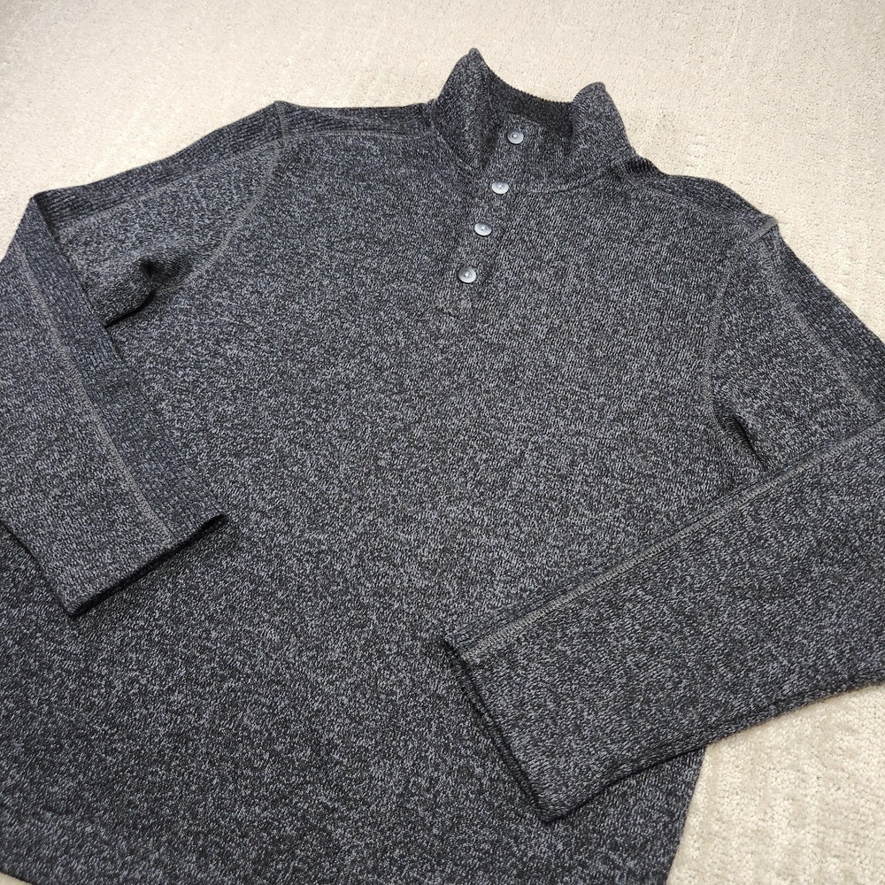 Van Heusen Sweater Men Medium Speckled Fleece 1/4 Button Pullover Black Office
